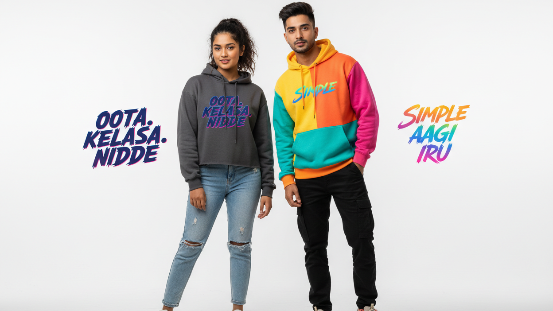 I want a banner slidder to upload in website like two persons on female and male on female is wearing a hoode with text or anime saying as OOTA. KELASA. NIDDE and male wearing a hoodie with text or anime with colors saying SIMPLE AAGI IRU